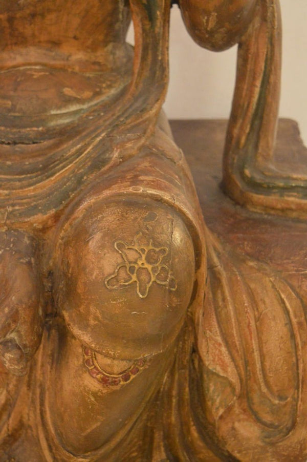 Large Chinese Hand-Carved Polychrome Wood Figure of Guanyin, Late 19th Century.