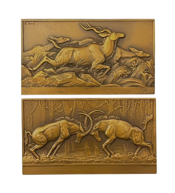 Pair of French Art Deco Bronze Antelope Plaques on Stands by Thenot, c.1930's.