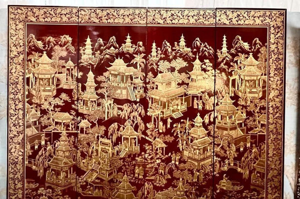 Robert Crowder Four-Panel Chinoiserie Screen with Gold Leaf on Red Background.