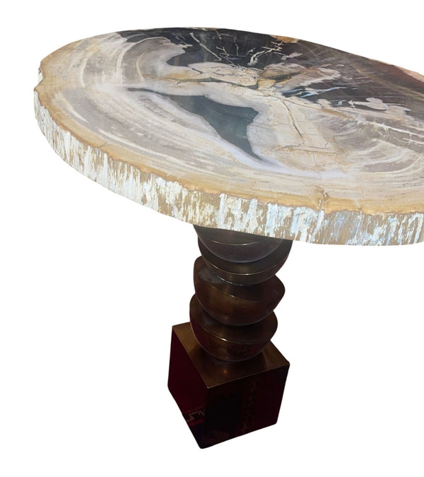Pair Modern Petrified Wood Side Tables w/ Sculptural Metal Bases. Late 20th C.
