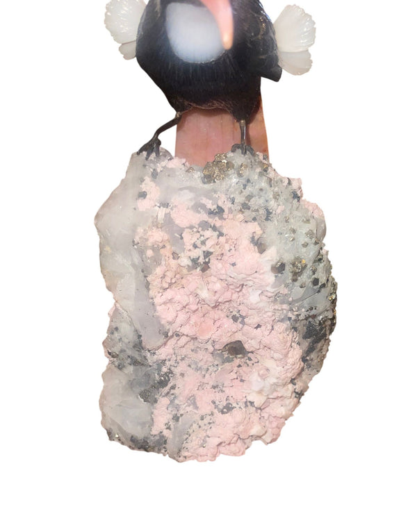 Idar-Oberstein Gemstone Oriole on Quartz Base Sculpture. Germany, 20th Century.