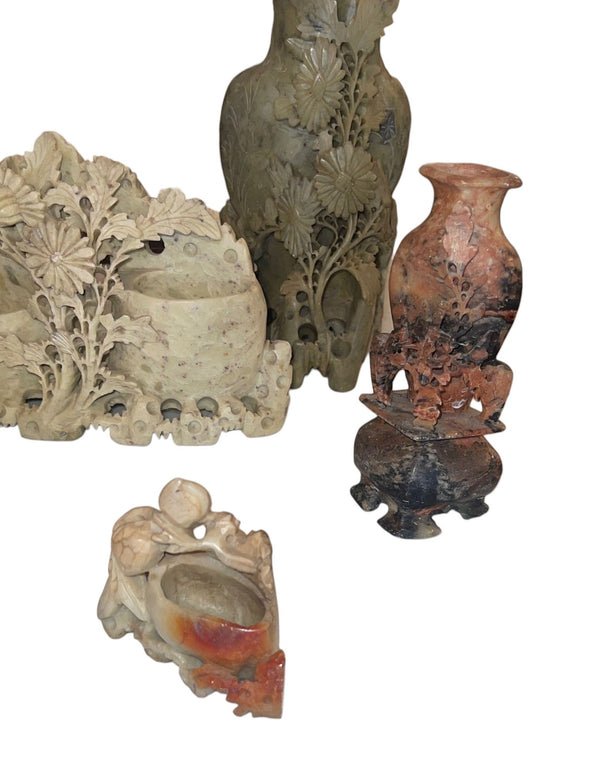 Eight Vintage Chinese Soapstone Carved Brush Pots & Vessels. Early 20th Century.