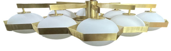 Pair of Eight-Arm Brass & Hand-Blown Murano "Honeycomb" Flush Mount Chandelier