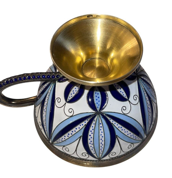 Soviet Russian 916 Silver Gilt Enamel Cup & Saucer, Leningrad. Mid-20th Century.