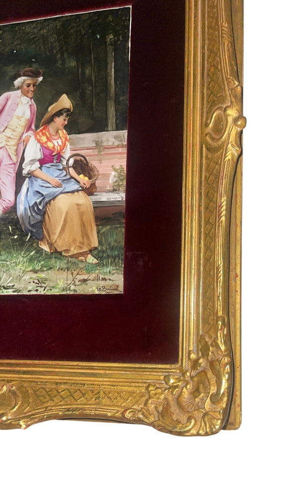 19th Century Pair Italian Porcelain Plaques on Gilt Frames with Red Velvet Mats
