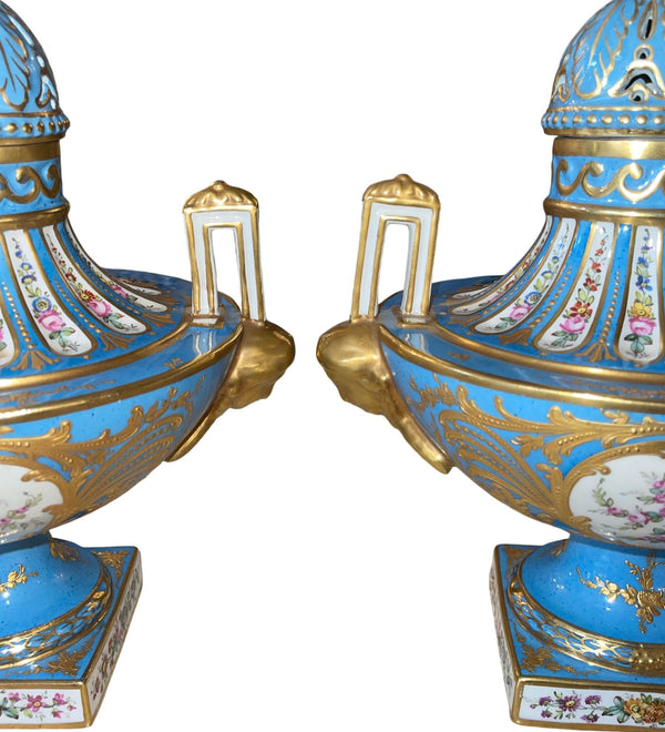 Pair of Sèvres Style Celestial Blue Porcelain Urns. Early 20th Century, France.