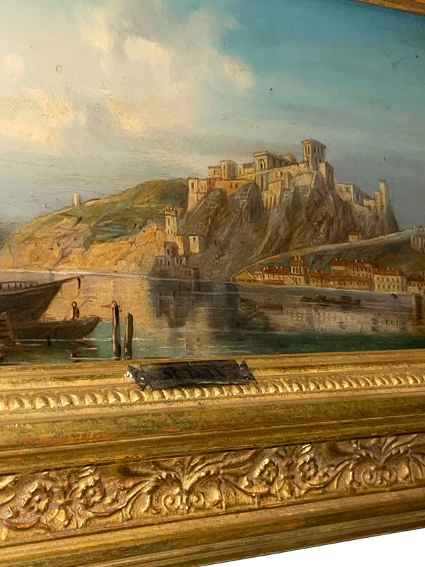 Late 19th Century Pair of European Castle Landscape Paintings by M. Day
