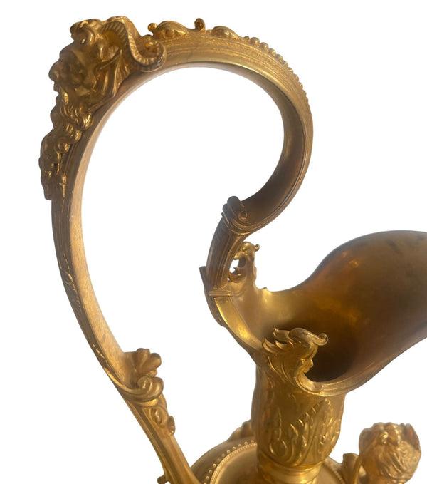 Pair of French Belle Époque Gilt Bronze Ewers on Marble Bases. Late 19th Century