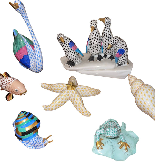 Set of Ten Herend Porcelain Aquatic Animal Figurines. Hungary, 20th Century.