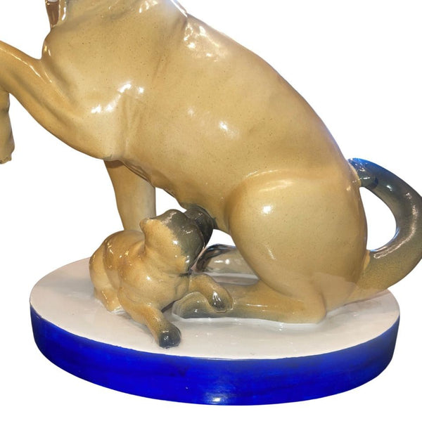 Pair of Mottahedeh Pug Dog Figures, Staffordshire Style, Mid-20th Century.