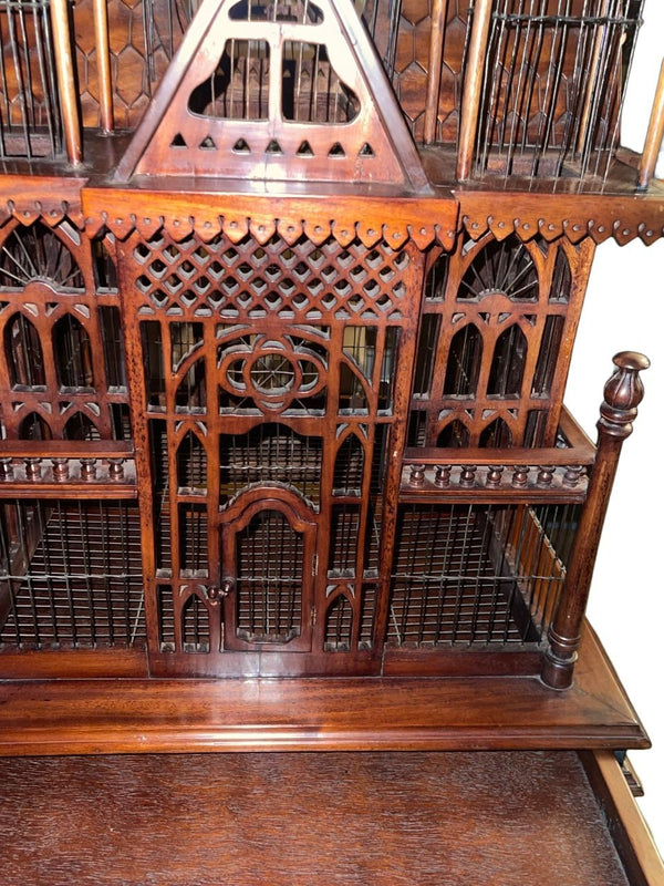 Monumental Victorian Gothic Revival Mahogany Bird Cage on Stand. England 19th C.