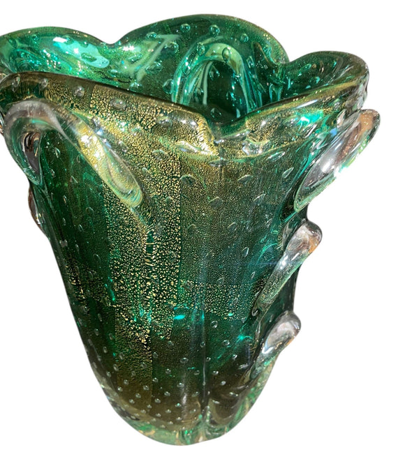 Seguso Murano Green & Gold Aventurine Art Glass Vase. Mid-20th Century.