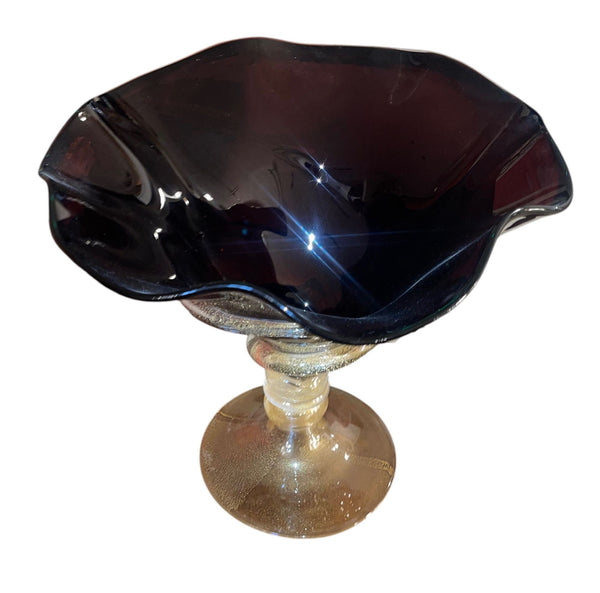 Dark Amethyst Murano Glass & Gold Fleck Glass Compote. Signed by Camozzo.