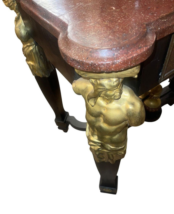 Pair of Early 19th Century Italian Gilt Bronze Mounted Ebonized Console Tables