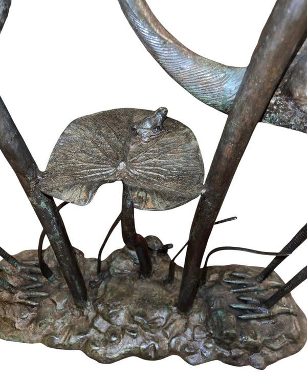 LaBarge Bronze Crane & Lily Pad Glass Top Console Table. U.S.A Late 20th Century