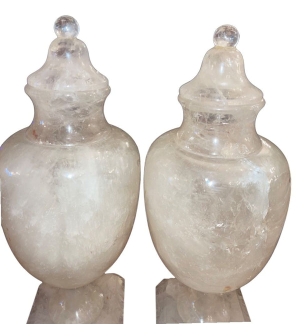 Mid 20th Century Pair of Italian Rock Crystal Lidded Urns