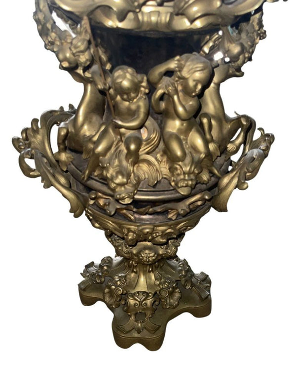 Large Italian Bronze Oil Lamp Electrified Cut Glass Cherub Base