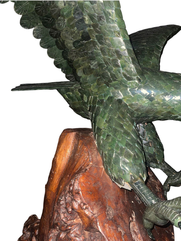 Monumental 20th century Chinese Spinach Jade Carved Eagle on Naturalistic Base