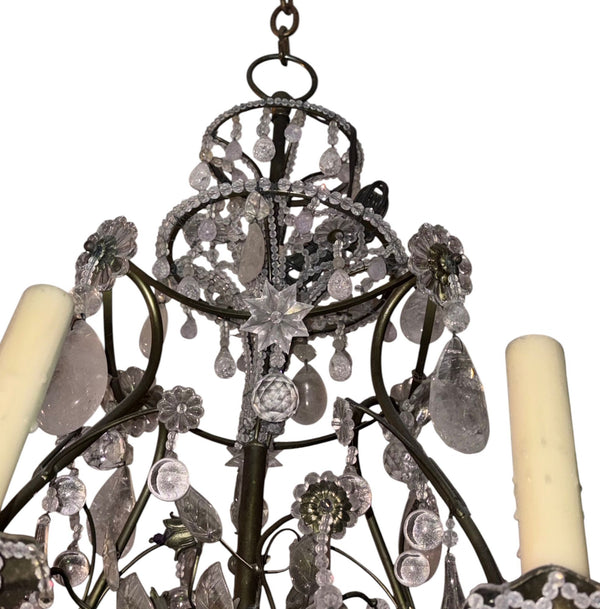 Maison Baguès Rock Crystal & Rose Quartz Chandelier, France, 1940's