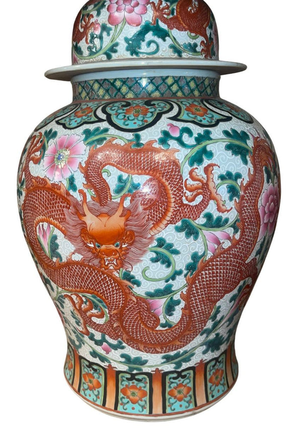 Early 20th C. Pair of Chinese Qianlong Style Porcelain Jars w/ Dragon Motifs