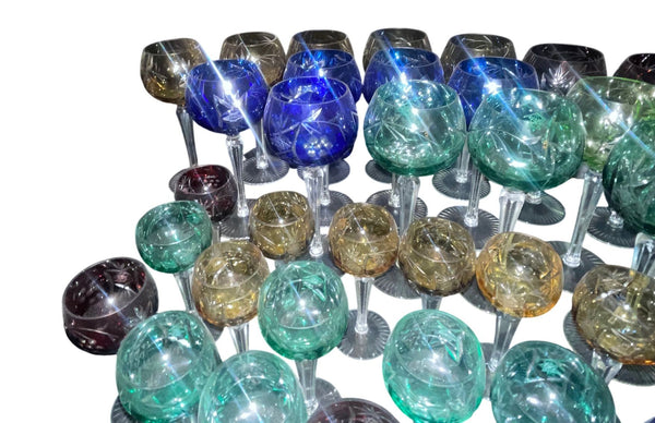 Set of Sixty Cut Crystal Colored Wine & Cordial Glasses. Czech Republic Mid-20th
