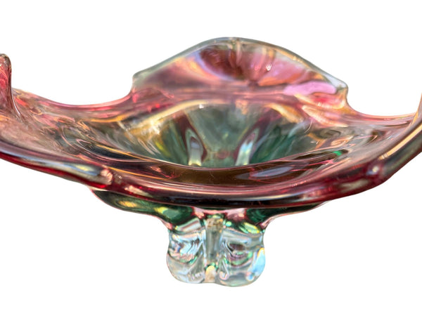 Murano Glass Footed Bowl Emerald Green, Pink & Clear, Italy, Late 20th Century