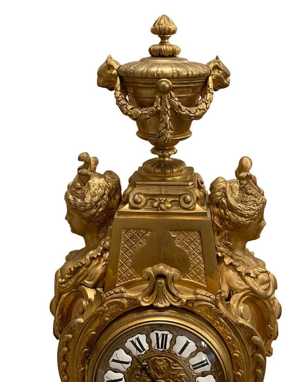 Large 19th Century French Doré Bronze Clock Garniture Marked Jules Graux, Paris.