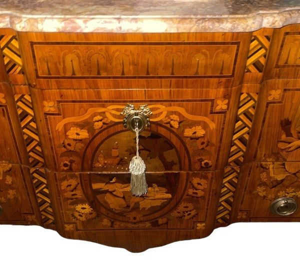 19th Century French Louis XV Style Inlaid Commode with Bronze & Marble Top.