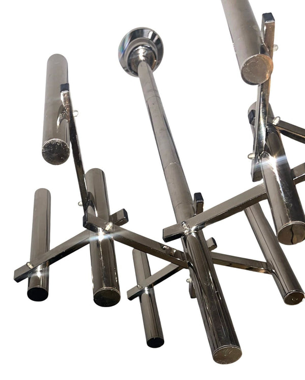Gaetano Sciolari Chrome Tubular Chandelier. Italy, 1970's.