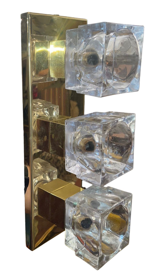 Set of Six Italian Sciolari Murano Glass Cubes & Brass Sconces, 1960's.