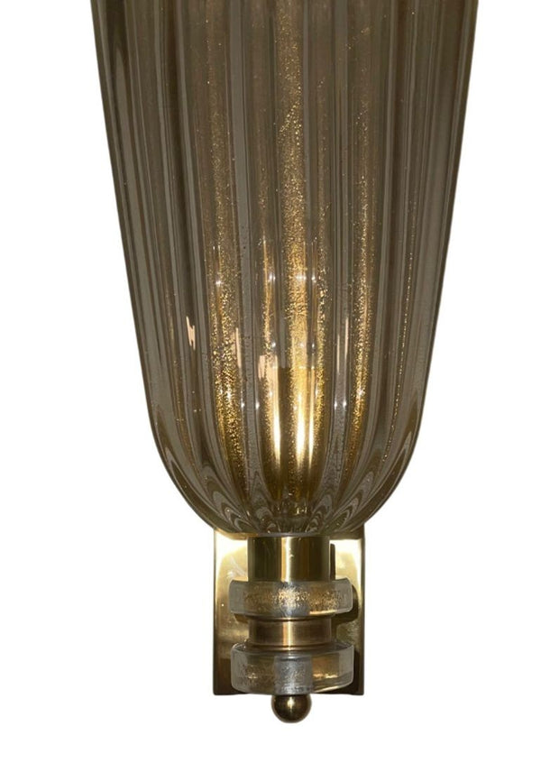 Set of Six Clear Murano Glass Fazzoleto Sconces with Gold Flecks. Italy, 1980's.