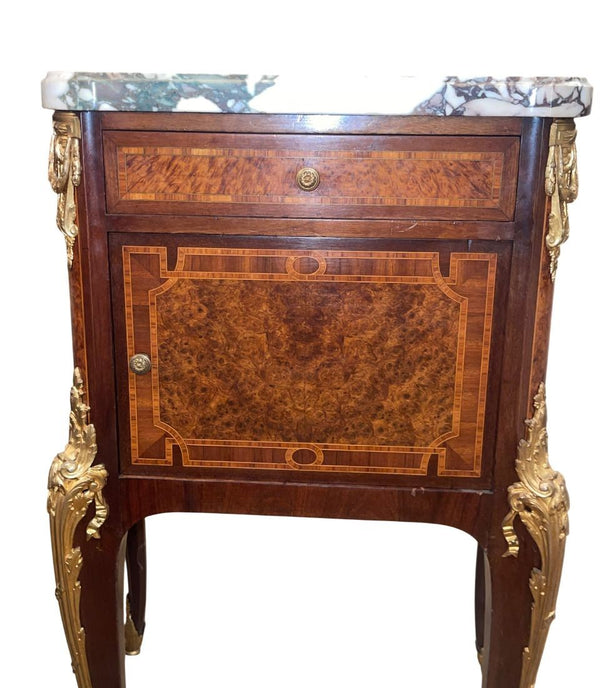 Pair French Bronze-Mounted Marble-Top Nightstands Louis XV Style, Late 19th C.