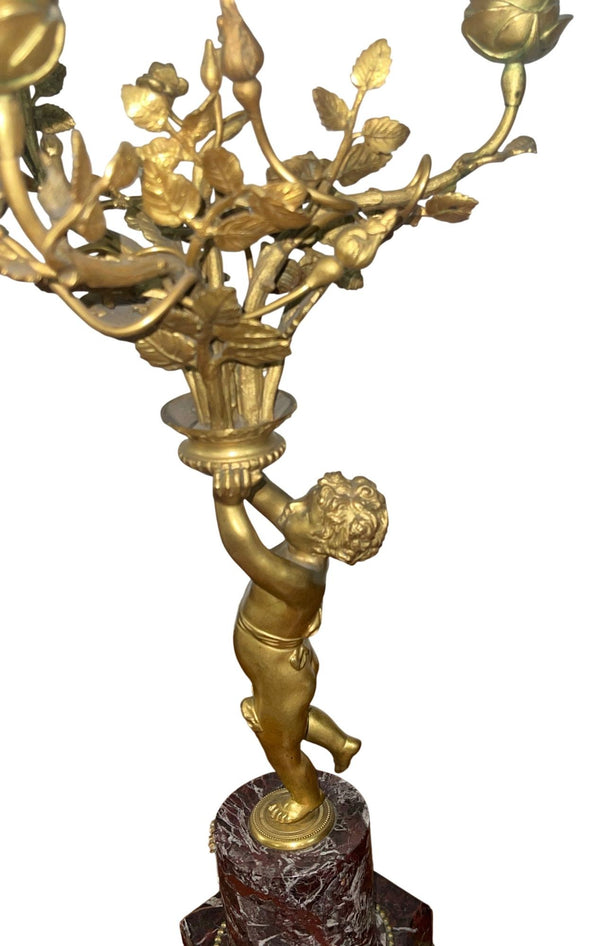 Pair of 19th Century Gilt Bronze Figural Putti Candelabras on Marble Base