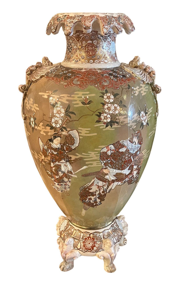 Large Antique Japanese Satsuma Earthenware Floor Vase Meiji Style, Early 20th C.