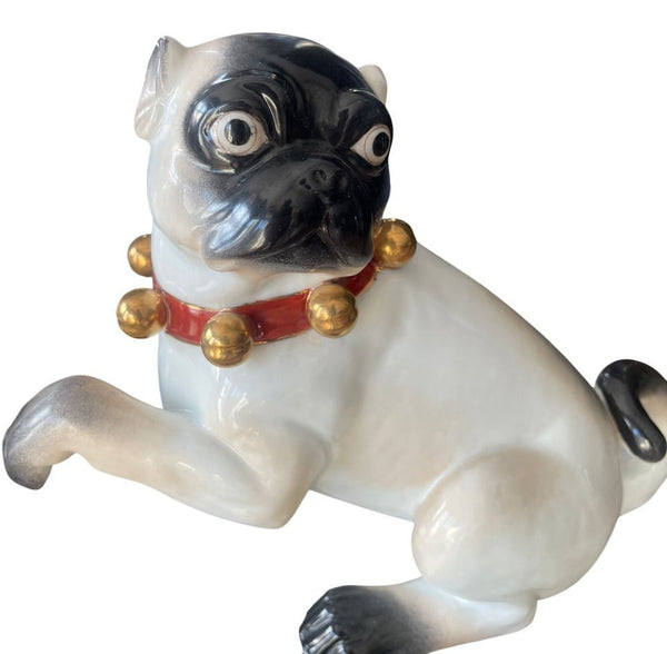 Pair of Large English Porcelain Pug Dog Figures, Early 20th Century