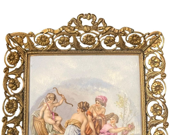 Pair French Limoges Porcelain Plaques in Ornate Gilt Metal Frames. Early 20th C.