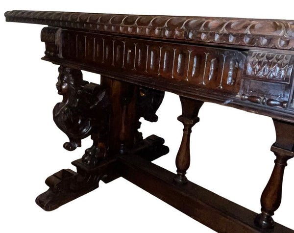 Renaissance Revival Carved Walnut Trestle Continental Table. Italy, Late 19th C.