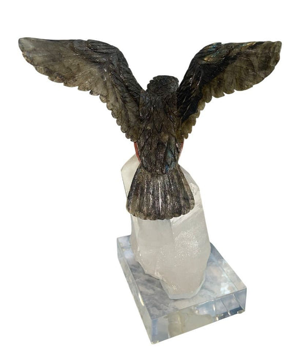 Peter Muller Labradorite Kingfisher Sculpture Quartz Base. Switzerland, 1980's.
