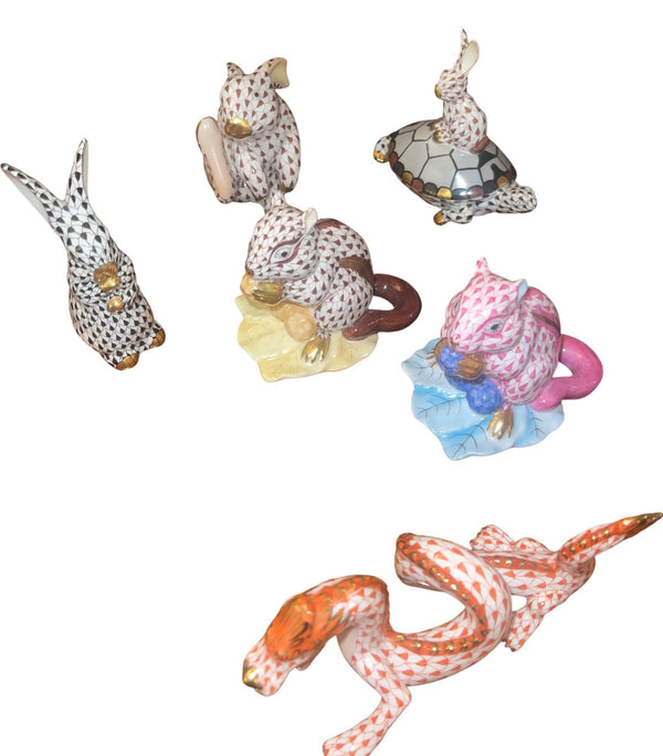 Set of Ten Herend Fishnet Porcelain Animal Figurines. Hungary, 20th Century.