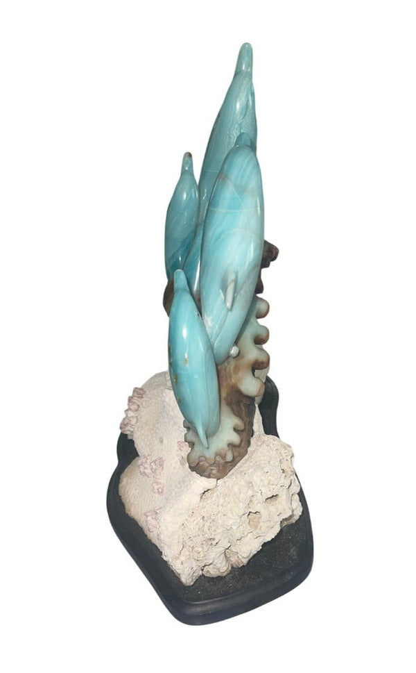 Blue Quartzite Dolphin Sculpture on Onyx Base, Brazil, Late 20th Century.
