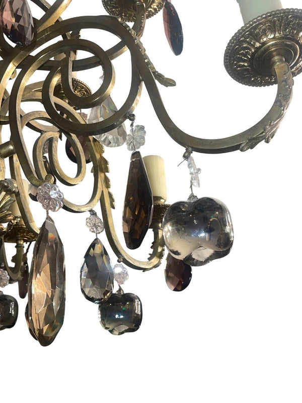 French Early 20th Century Brass and Bronze Chandelier w Mixed Cut Crystal Colors