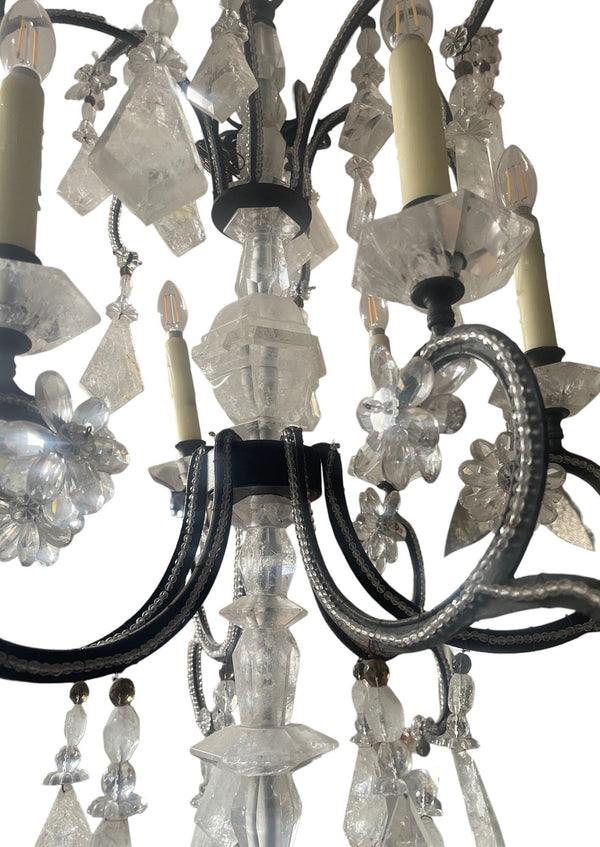 Elegant Italian Rock Crystal & Black Metal Chandelier. 20th Century.