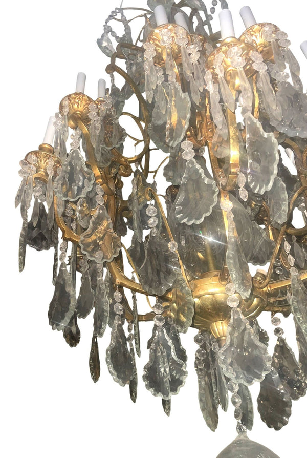 Pair of French Bronze & Cut Crystal Chandeliers, Early 20th Century.