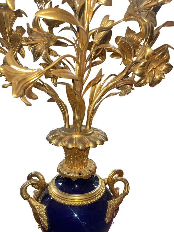 Pair of French Bronze & Deep Cobalt Porcelain Candelabras. 19th Century.