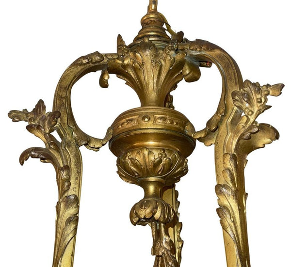 French 19th-C Bronze Chandelier with Marble Body, Wedgwood Plaque & Glass Shades