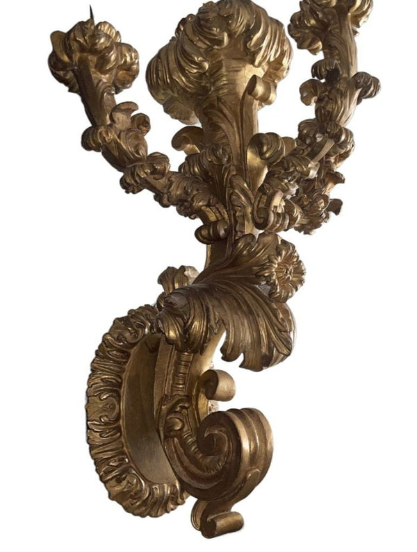 Rare Pair of Early 19th Century Italian Baroque Style Giltwood Wall Candelabras