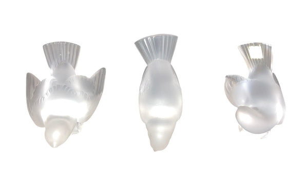 Set of Four Lalique Frosted Crystal Pieces Rosine Vase & Sparrows. Late 20th C.