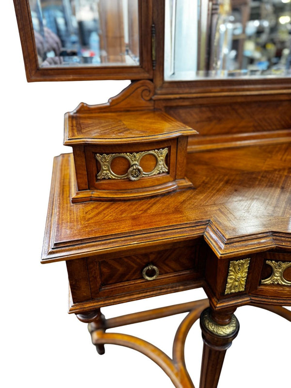 Early 20th Century French Louis XVI Style Triple Mirror Vanity w/ Bronze Mounts.