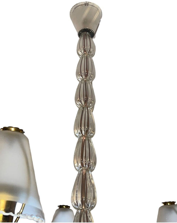Ercole Barovier Murano Glass Five-Arm Chandelier w Frosted Shades. Italy, 1940's