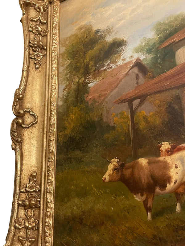 19th Century Italian Pastoral Cow Painting Signed by Vitolla
